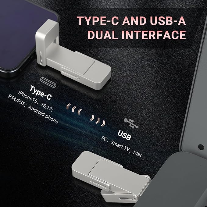 256GB USB Drive,Portable SSD Fast 550MB/s 2 in 1 Flash Drive,Type C+A USB3.2 Gen2 External Solid State Drive,SSD External Hard Drive for iPhone 15/16/17/Android Phone/PS5/Tablet/Windows