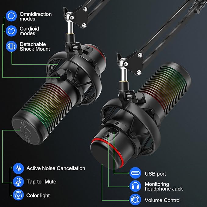 USB Gaming Microphone, 192kHz/24bit, Cardioid Condenser Microphone for Computer, Streaming Mic with RGB Light, Mute Button, Headphone Jack, Volume Control, Perfect for Xbox, Recording, Singing