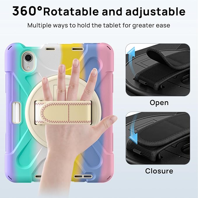 Gerutek Case for iPad mini 7 (A17 Pro) 2024/Mini 6 2021 8.3 inch, Shockproof Cover for iPad mini 7/6th Gen with Screen Protector, 360° Rotating Stand, Hand/Shoulder Strap, Pencil Holder-Colorful Pink