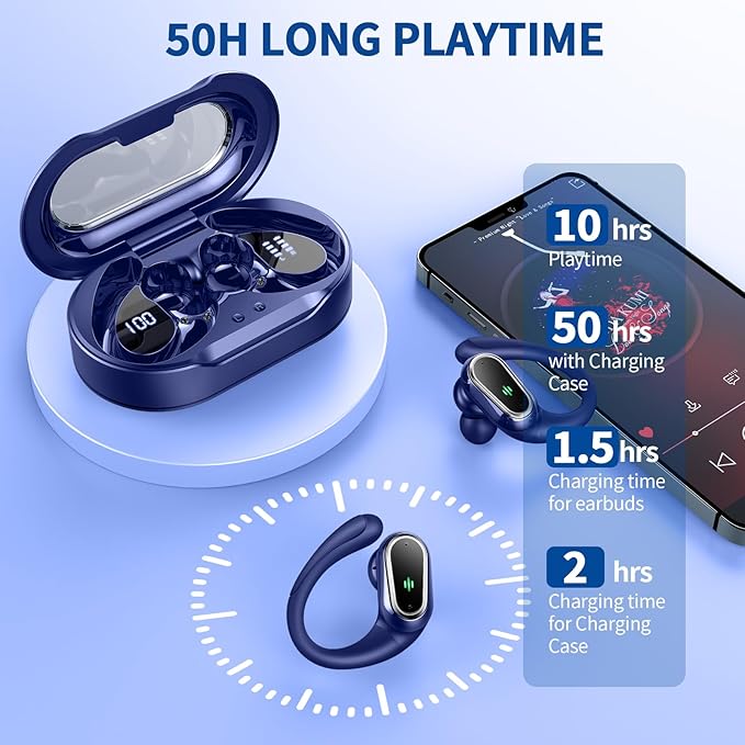 Wireless Earbuds, 2026 Bluetooth 5.4 Headphones Sport, 50Hrs HiFi Stereo Deep Bass Over-Ear buds with ENC Noise Cancelling Mic, IP7 Waterproof & LED Display Earphones with Earhooks for Workout/Running
