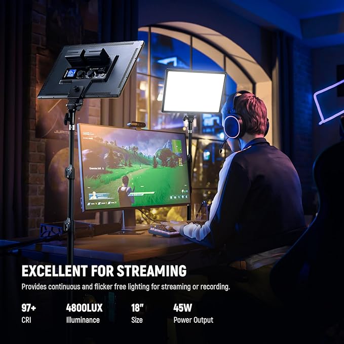 Neewer 18" Led Video Light Panel Key Lighting Kit with Remote, 2-Pack 45W Dimmable Bi Color + Tripod Stand, 3200K–5600K Soft Light CRI 97+ 4800Lux for Game Live Streaming Studio Photography Recording
