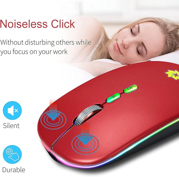 KBCASE LED Wireless Mouse Slim Silent Mouse 2.4G Rechargeable Wireless Computer Mouse Wireless Mouse for Laptop, MacBook, iPad, Chromebook, with USB & Type-c Receiver