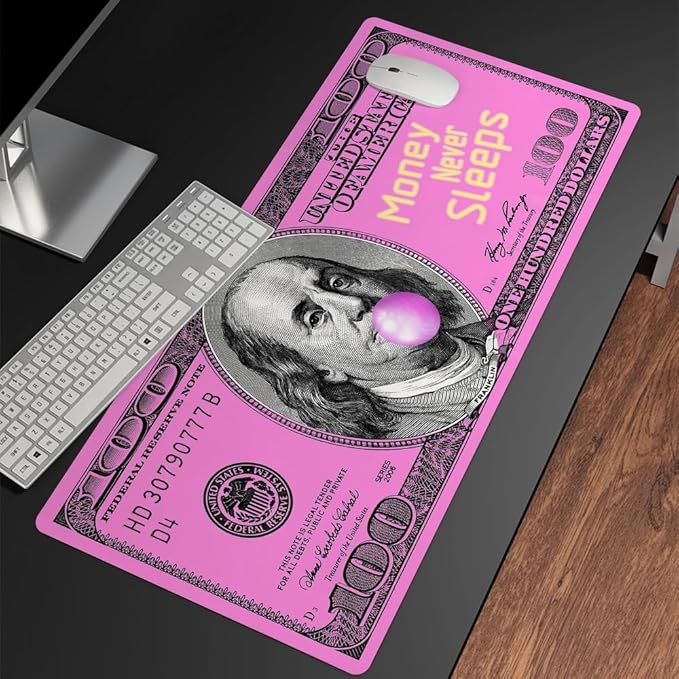 Pink 100 Dollar Bills Money Gaming Mouse Pad Hundreds of US Dollar Currency Non-Slip Rubber Mouse Pad for Computers, Laptop,Office, Home Rectangle Personalized Mousepad 31.5" x15.7"