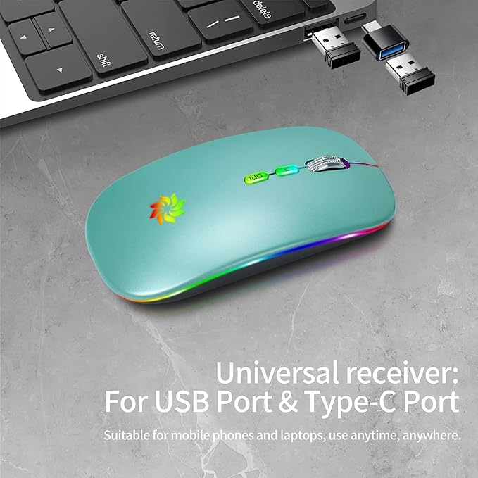KBCASE Wireless Mouse, LED Wireless Mouse for Laptop, Slim Silent Mouse 2.4G Rechargeable Wireless Computer Mouse for Laptop, MacBook, iPad, Chromebook, with USB & Type-c Receiver