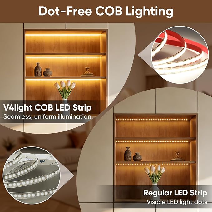 V4light COB LED Strip Light, Cool White (5000K), 12V Tape Light, CRI 95+, 3W/FT High Density, Dotless, Cuttable, UL Listed, Gold-Plated PCB for Bedroom, Kitchen, Cabinets (No Power Supply)