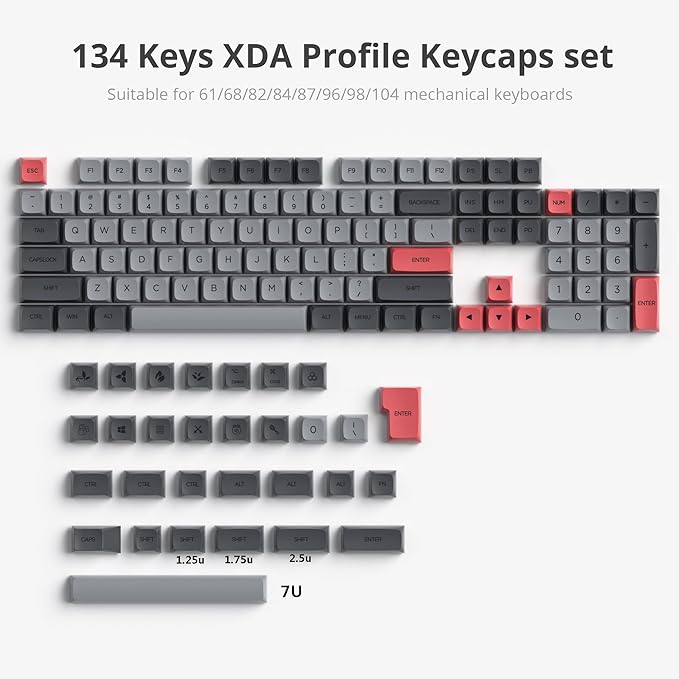 Guffercty kred XDA Profile Minimalist Black Keycaps 75 Percent Dye-sub PBT Keyboard Caps with ISO Keys for MAC 60% 65% 75% 96% Mechanical Keyboard (Black Dolch)