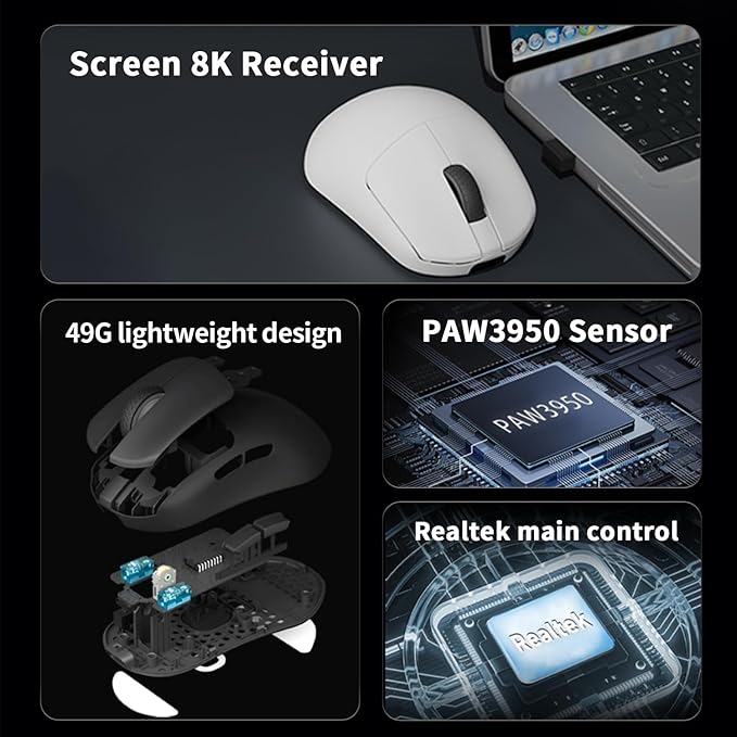 Darmoshark N7 Wireless Gaming Mouse,Tri-Mode 8K/USB-C/Bluetooth,Up to 30000DPI,PAW3950 Optical Sensor Lightweight 49g,5 programmable Button,Computer Mouse for Laptop,PC,Mac(Black)