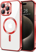 Hython Magnetic Clear for iPhone 15 Pro Case with Camera Lens Protector [Compatible with MagSafe] Luxury Plating Edge Slim Soft TPU Cover Protective Phone Case for iPhone 15 Pro 6.1", Red