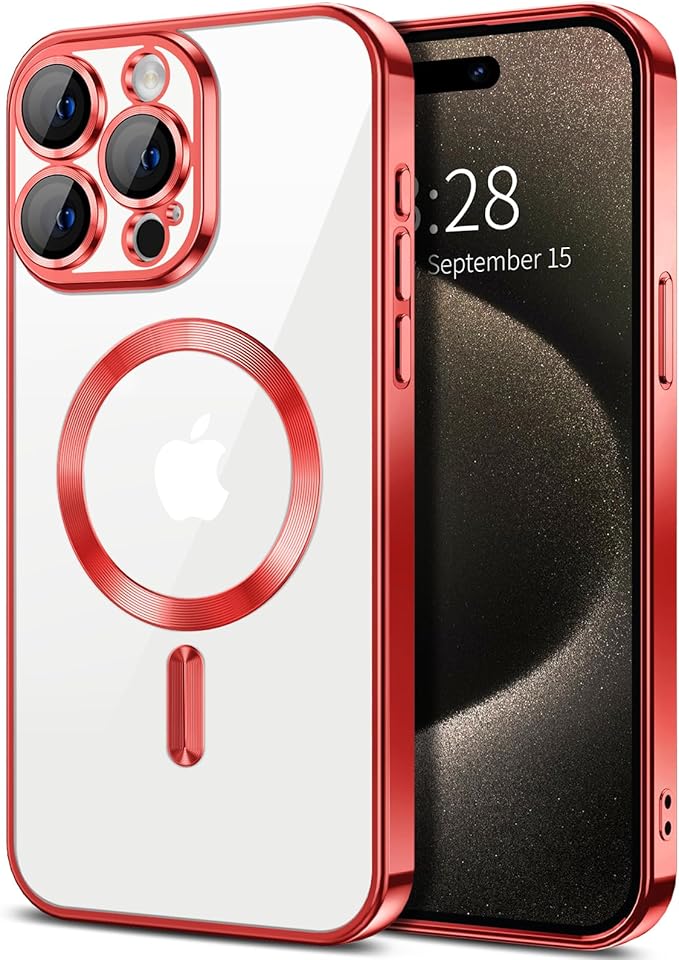 Hython Magnetic Clear for iPhone 15 Pro Case with Camera Lens Protector [Compatible with MagSafe] Luxury Plating Edge Slim Soft TPU Cover Protective Phone Case for iPhone 15 Pro 6.1", Red