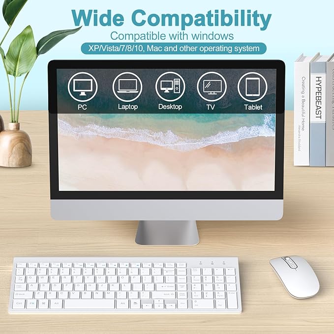 cimetech Wireless Keyboard and Mouse, [Rechargeable Mouse][Silent Scissor Switch Key][Labor-Saving Buttons]Ultra Slim Wireless Computer Keyboard and Mouse, Easy Setup for PC/Laptop/Mac/Windows - White