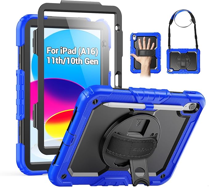 SEYMAC Case for iPad (A16) 11th/10th Generation 2025/2022 (11″/10.9″), Sturdy Heavy Duty Full-Body Shockproof Protective Case with Screen Protector, Rotating Stand, Hand/Shoulder Strap, Black/Blue