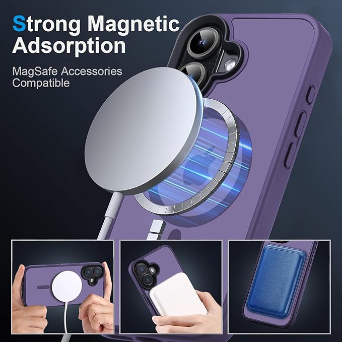 Strong Magnetic Case for iPhone 16 Case [16FT-Grade Drop Tested & Compatible with MagSafe] Translucent Anti-Fingerprint Shockproof Protective Cover 6.1 Inch, Deep Purple