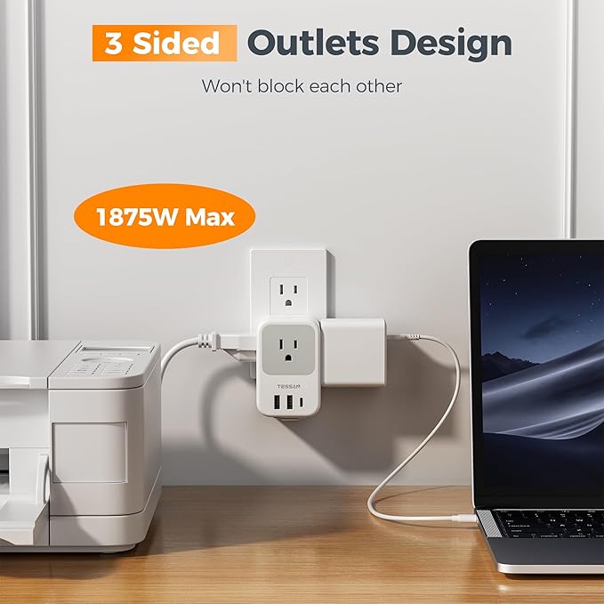 TESSAN USB C Charger Block, Multi Plug Wall Outlet Extender with 3 USB, Retractable USB-C Cable, 3 Side Multi Port Adapter for Cruise, Bathroom, Office, Dorm Essentials