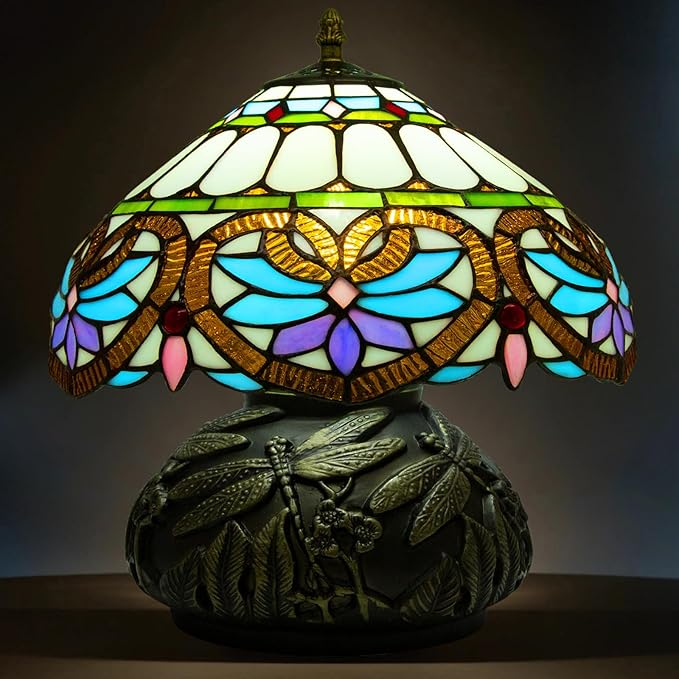Tiffany Table Lamp,12 Inch Stained Glass Table Lamp,Mushroom Style Vintage Desk Lights Included E26 LED with Remote Control for Bedside,Bedroom,Living Room(Red Star Baroque)