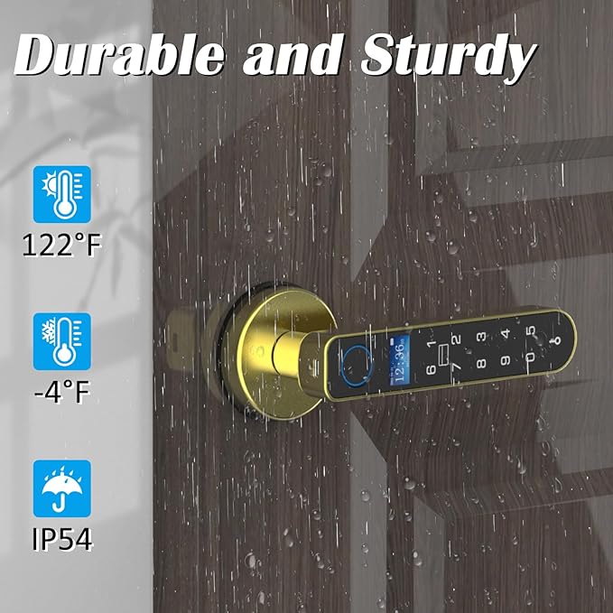Fingerprint Keyless Entry Bedroom Door Lock with Code RFID Card NFC APP Keypad, Smart Biometric Automatic Interior Door Handle with Lock for Indoor Hotel Pantry Apartment Office Home, Gold