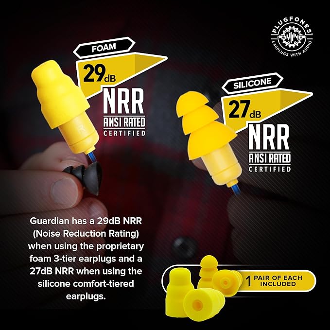 Plugfones Guardian Earplug Headphones - OSHA Approved Noise Isolating in-Ear Earbuds with Hearing Protection - Wired Hybrid for Work and Travel - Includes Silicone and Foam Earplugs - Blue & Yellow
