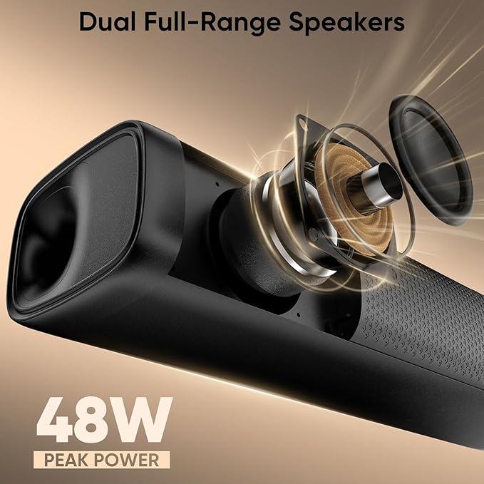 Saiyin Sound Bar for Smart TV, 11.7-inch Soundbar with Bluetooth 5.3/Optical/Auxiliary Inputs, Small Size & Big Power, 48W Peak Power Compact Sound Bar for TV, PC, Gaming, and Projectors