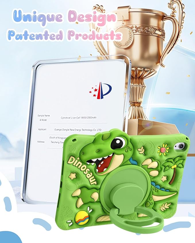 Boaretiu Tablet Case - Cute Cartoon Silicone Cover with Adjustable Shoulder Strap & Rotating Stand for Kids Boys Girls, for iPad mini 7th (A17 Pro) / for iPad mini 6th Generation Case, Green Dinosaur