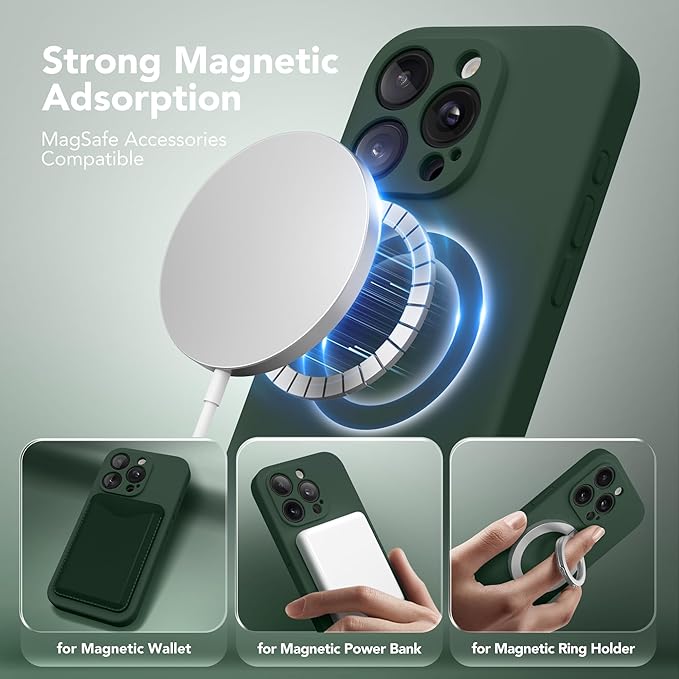 Magnetic for iPhone 15 Pro Max Case, Compatible with MagSafe, [Full Camera Protection][Screen Protector] Silicone Shockproof Protective Phone Case for iPhone 15 Pro Max 6.7", Alpine Green