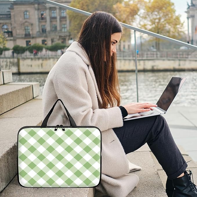 Laptop Sleeve Case Bag 15 inch, Green and White Checkered Slim Carrying Case Handbag Travel Laptop Bag for 15 inch MacBook Air M3/M2/15 Pro/Surface Laptop 7/6/5/4/3/ Dell XPS 15 Plus