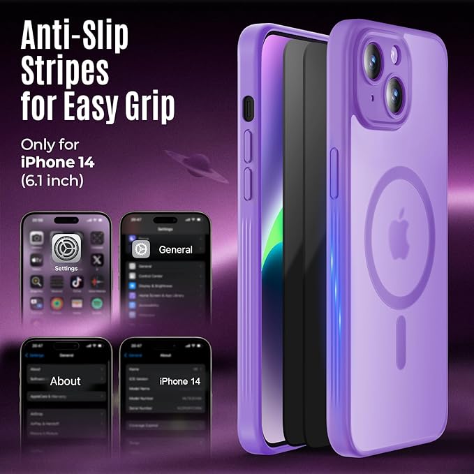 Symcele Designed for iPhone 14 Case, Compatible with MagSafe, with Privacy Screen Protectors X2, [Camera Protection] [15FT Military Drop Protection] Shockproof Phone Case, 6.1", Light Purple