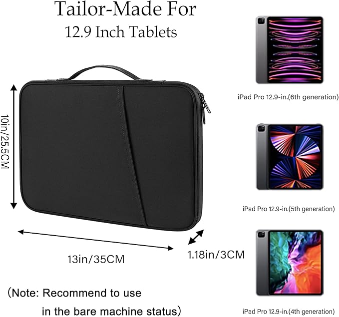 iPad Pro 12.9 Carrying Bag, Tablet Sleeve 12.9 Magic/Smart Keyboard Accessory Bag for Pad Pro 12.9 M2/M1/2018-2020, Surface Pro 9/8/X/7/6, 12.4" Galaxy Tab S8/S7+ Waterproof Carrying Case (Black)