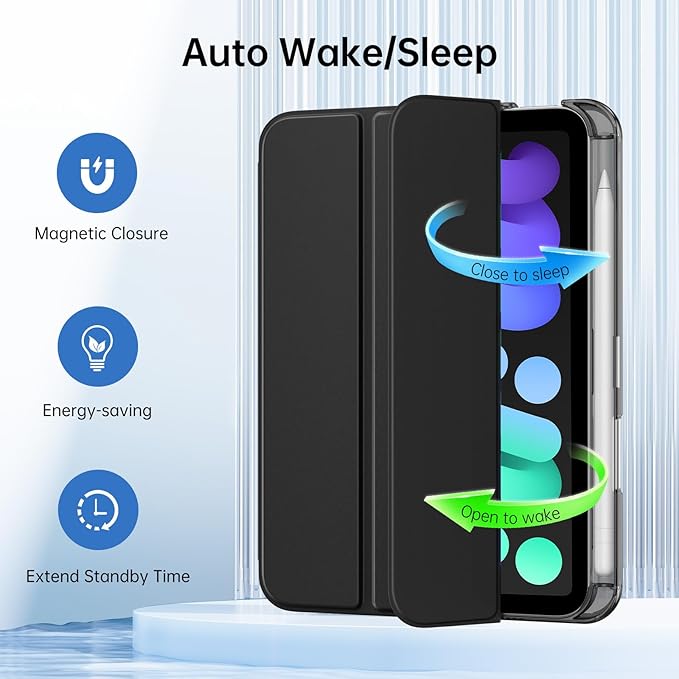MoKo for iPad mini 7 A17 Pro Case 2024, iPad mini 6th Generation Case 8.3 Inch 2021 with Pencil Holder, Slim Light Trifold Smart Protective Cover with Hard PC Translucent Back Shell, Black