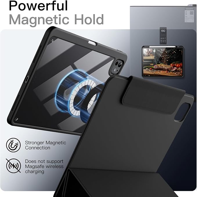 JETech Magnetic Detachable Case for iPad Pro 11-Inch M5/M4 (2025/2024) with Pencil Holder, Removable Rotating Clear Cover, Portrait/Landscape Stand with Raised Screen View (Black)