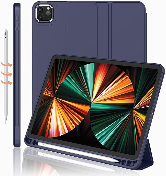 iMieet New iPad Pro 12.9 Case 2022(6th Gen)/2021(5th Gen) with Pencil Holder [Support iPad 2nd Pencil Charging/Pair],Trifold Stand Smart Case with Soft TPU Back,Auto Wake/Sleep(Dark Blue)