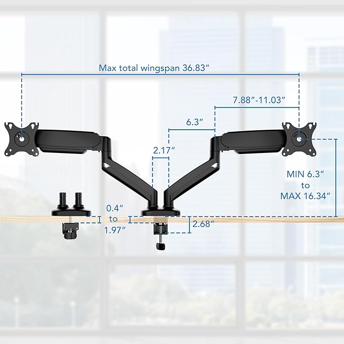 Mount-It! Dual Monitor Desk Mount, Two Independent Gas Spring Arms, Fits 13-32" Screens up to 17.6 lbs Each, VESA 75x75 & 100x100, Full Motion Tilt Swivel Rotate, C-Clamp & Grommet Base