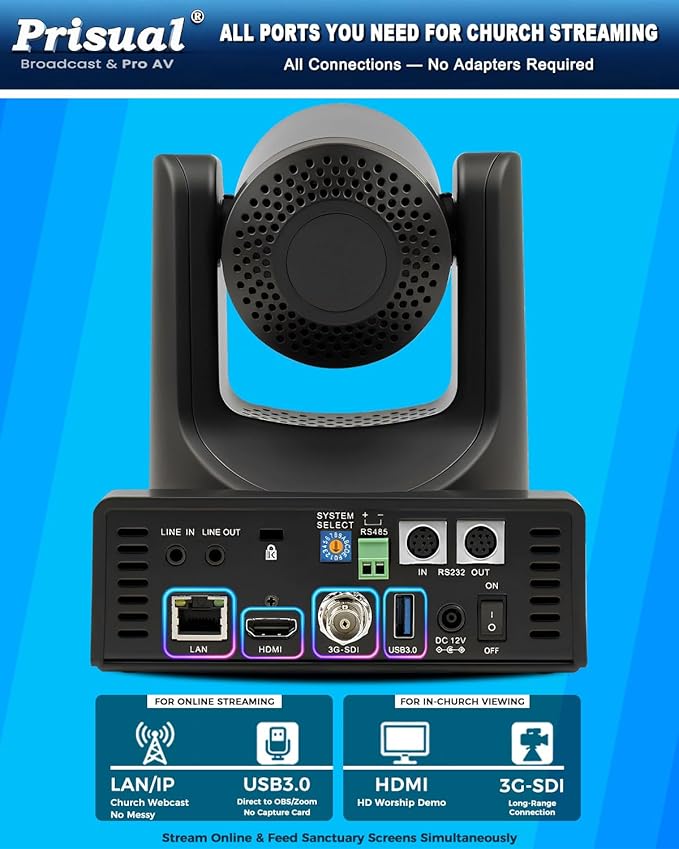 Prisual PTZ Camera Gen 5, 20X Optical Zoom SDI HDMI PoE USB IP Streaming, AI Auto Tracking, Metal Shell Reliability for Church Worship Education vMix OBS, NDI Upgradeable (TEM-20S PRO)