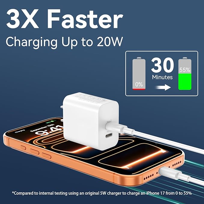 USB C Charger Block for Phone 17 16 15 Pro Max,20W Type C Charger with 12FT Long USB C to C Fast Charging Cord Cable Compatible for 17 16 15 Pro Max/17 16 15 Pro/15 Plus/15/Android Phone