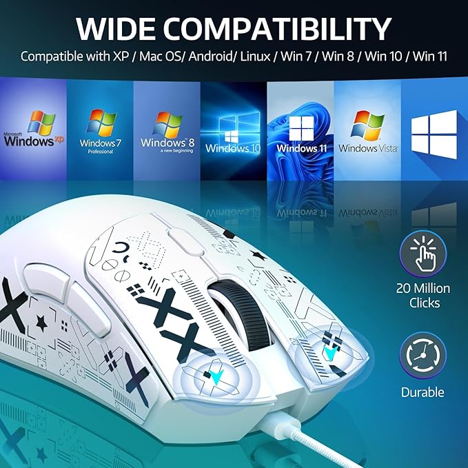 ATTACK SHARK R1 Wireless Gaming Mouse,Tri-Mode Connection (2.4G/Wired/BT5.2),55g Lightweight,18K DPI Optical Sensor,HUYU 20 Million Key Life,Ergonomic Design,for PC/Laptop/Win/Mac(White+Sticker)