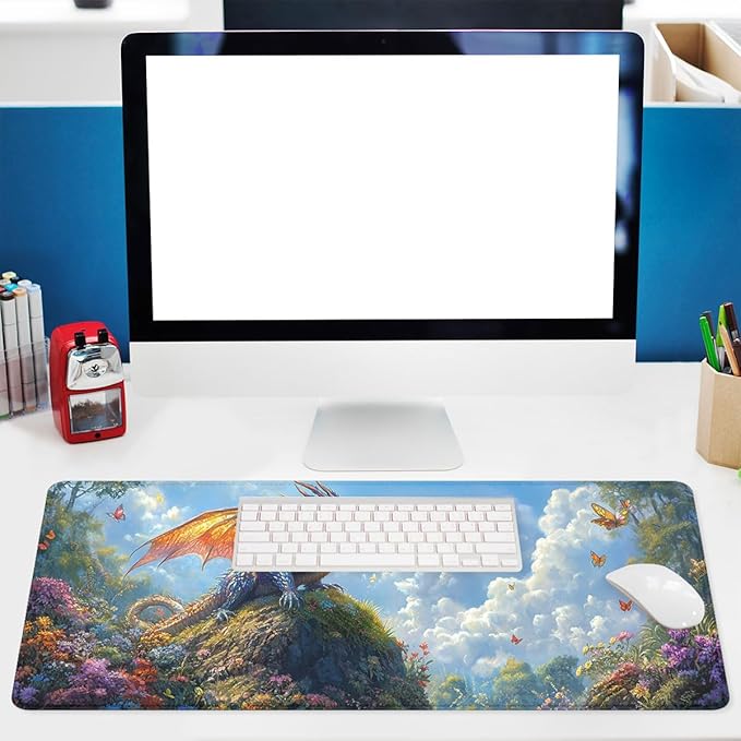 Fantasy Dragon Desk Pad Mouse Pad Forest Colorful Butterfly Flower Mousepad XL Large Gaming Mouse Pad Laptop Keyboard Mat Desk Pad 35.4"x15.7" Office Home Decor for Women Girl