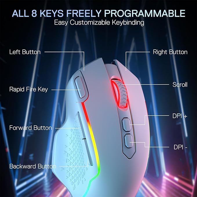 Redragon M810 MAX 3-Mode Wireless Gaming Mouse, 12000 DPI Wired/Wireless RGB Mouse w/Rapid Fire Key, 8 Macro Buttons, 188-Hour Reliable Power Capacity for PC/Mac/Laptop