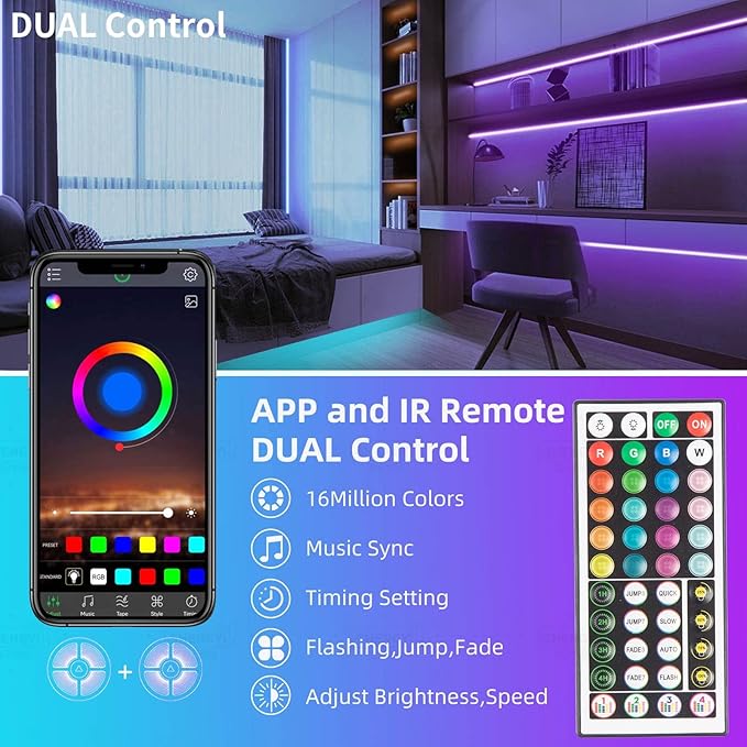 KSIPZE 200ft (2 Rolls of 100 ft) Led Strip Lights RGB Music Sync Color Changing Bluetooth Led Lights with Smart App Control Remote Led Lights for Bedroom Room Lighting Flexible Home Décor