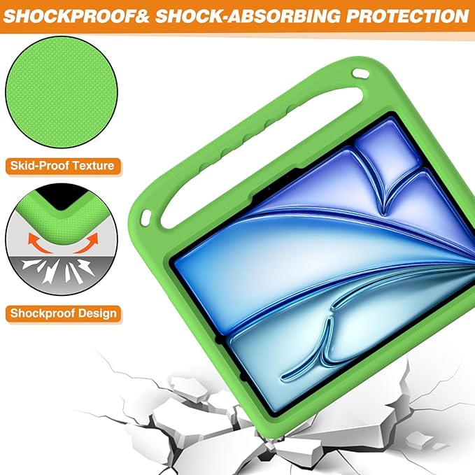 Kids Case for iPad Air 11 inch M4/M3/M2 (2026/2025/2024) & iPad Pro 11 inch M5/M4 (2025/2024) with Pencil Holder/Handle/Kickstand Lightweight Shockproof Cute Soft EVA Foam Stand Cover, Green