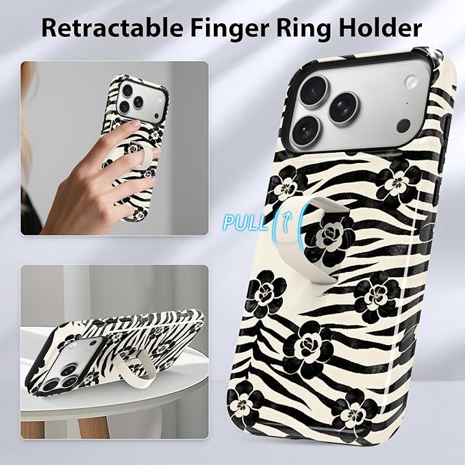 KANGHAR Compatible with iPhone 17 Pro Max Case, Support for MagSafe, Silicone Floral Cool Pattern, Wristband Kickstand Camera Protection Soft Slim Phone Case for Girls Women -Black