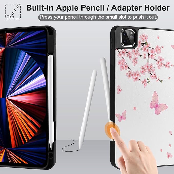 MEEgoodo Case for iPad Pro 12.9 Case M2 6th/5th/4th/3rd Generation 2022 2021 2020 2018, Protective Tablet Cover with Soft Back Shell for Kids, Cherry Blossoms