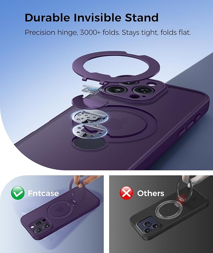 FNTCASE for iPhone 15 Pro-Max Case: [360 Spin Magnetic Stand] [Compatible with Magsafe] [Screen Protector] Translucent Matte Military Grade Shockproof Full Camera Protective Phone Cover - Purple