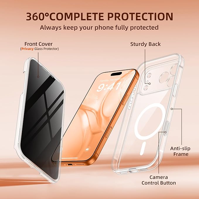 BERFY for iPhone 17 Pro Case, Compatible with MagSafe, Built-in Privacy Screen Protector, Camera Protection, Shockproof Full Body Phone Case 6.3", Clear