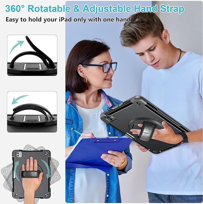 Case for iPad Pro 13 Inch M5 2025/ M4 2024: Military Grade Cover for iPad Pro 13" with Screen Protector - Stand - Handle - Shoulder Strap - Pencil Holder- Black