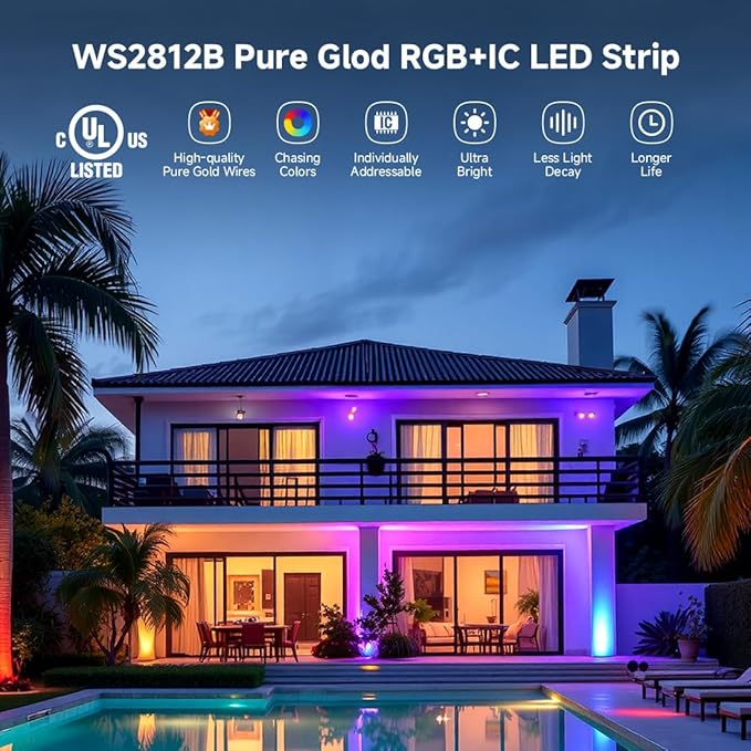BTF-LIGHTING WS2812B IC RGB LED Strip,UL Listed,Pure Gold Wires,DC5V 16.4FT 150LED 5050SMD,Individually Addressable,Flexible for DIY Chasing Full Color Project,3M Tape,IP65(No Adapter or Controller)