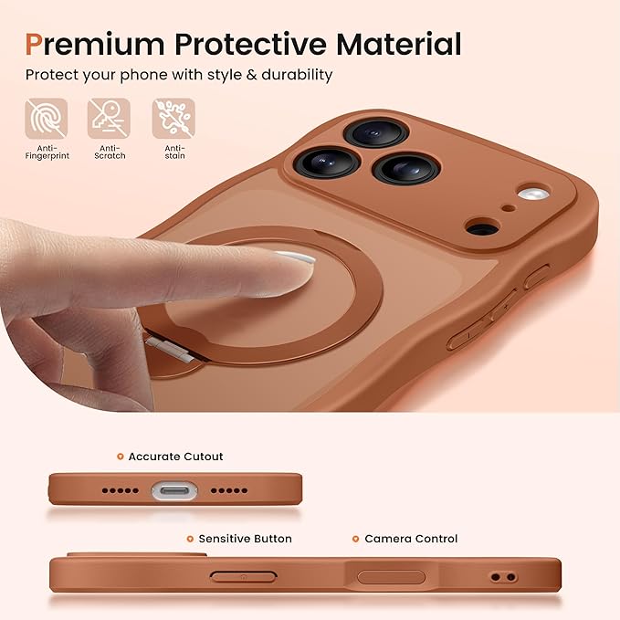 CAPRARO for iPhone 17 Pro Case with 360° Spin Magnetic Stand for Women, [Compatible with MagSafe] [Full Camera Protection] Cute Wave Translucent Matte Case for iPhone 17 Pro, Cosmic Orange