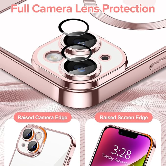 Hython Magnetic Clear for iPhone 14 Case with Camera Lens Protector [Compatible with MagSafe] Luxury Plating Edge Slim Soft TPU Cover Protective Phone Case for iPhone 14 6.1", Pink