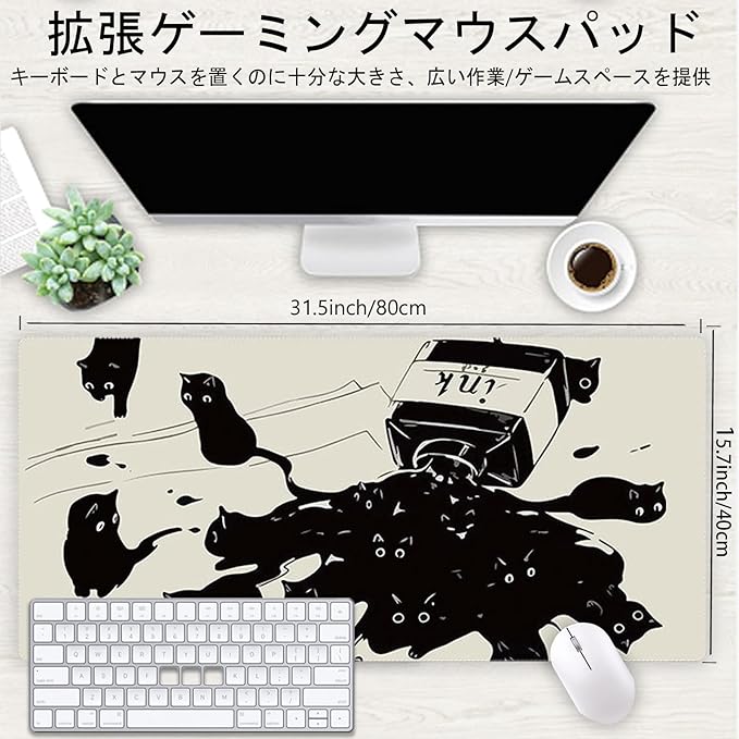 Gaming Mouse Pad XXL Extended Anime Mouse Pad 31.5x15.7inch, Large Cute Kawaii Big Computer Mouse Mat Desk Pad with Non-Slip Rubber Base and Stitched Edge for Home Office-Black Ink Cat