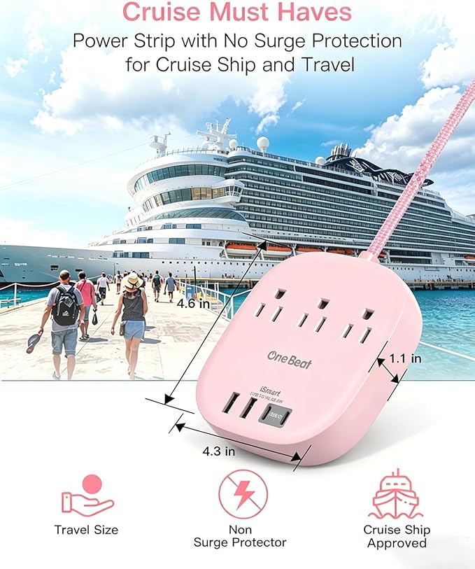 Cruise Ship Travel Essentials, 22.5W/4.5A Flat Plug Power Strip, 6Ft Extension Cord, 3 Outlets 4 USB Ports (2 USB C) Cruise Approved Power Strip No Surge Protection, Desktop Charging Station, Pink