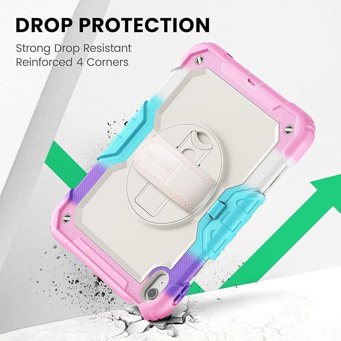 SEYMAC Case for iPad (A16) 11th/10th Generation 2025/2022 (11″/10.9″), Sturdy Heavy Duty Full-Body Shockproof Protective Case with Screen Protector, Rotating Stand, Hand/Shoulder Strap, Colorful/Pink