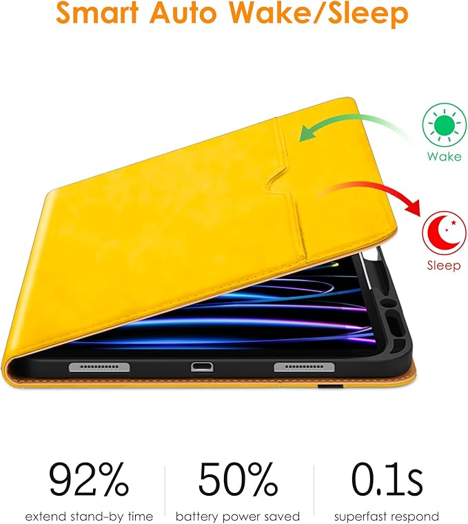 DTTO for iPad Pro 12.9 6th / 5th / 4th / 3rd Generation Case 2022/2021/2020/2018, Leather Folio Stand Cover with Built-in Apple Pencil Holder -Auto Wake/Sleep and Multi Viewing Angles,Yellow