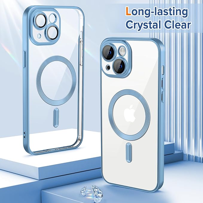 Hython Magnetic Clear for iPhone 14 Plus Case with Camera Lens Protector [Compatible with MagSafe] Luxury Plating Edge Slim Soft TPU Cover Protective Phone Case for iPhone 14 Plus, Matte Light Blue